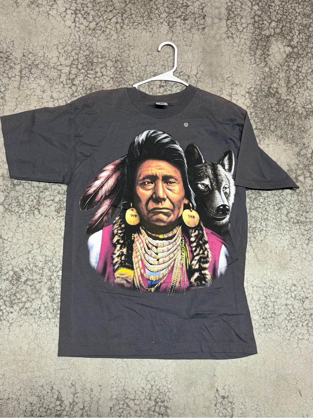 Vintage Native American Chief Wolf T Shirt 90s Size L New